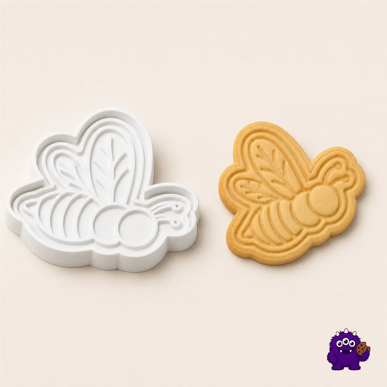 Flying Bee Cookie Cutter beside a bee-shaped biscuit