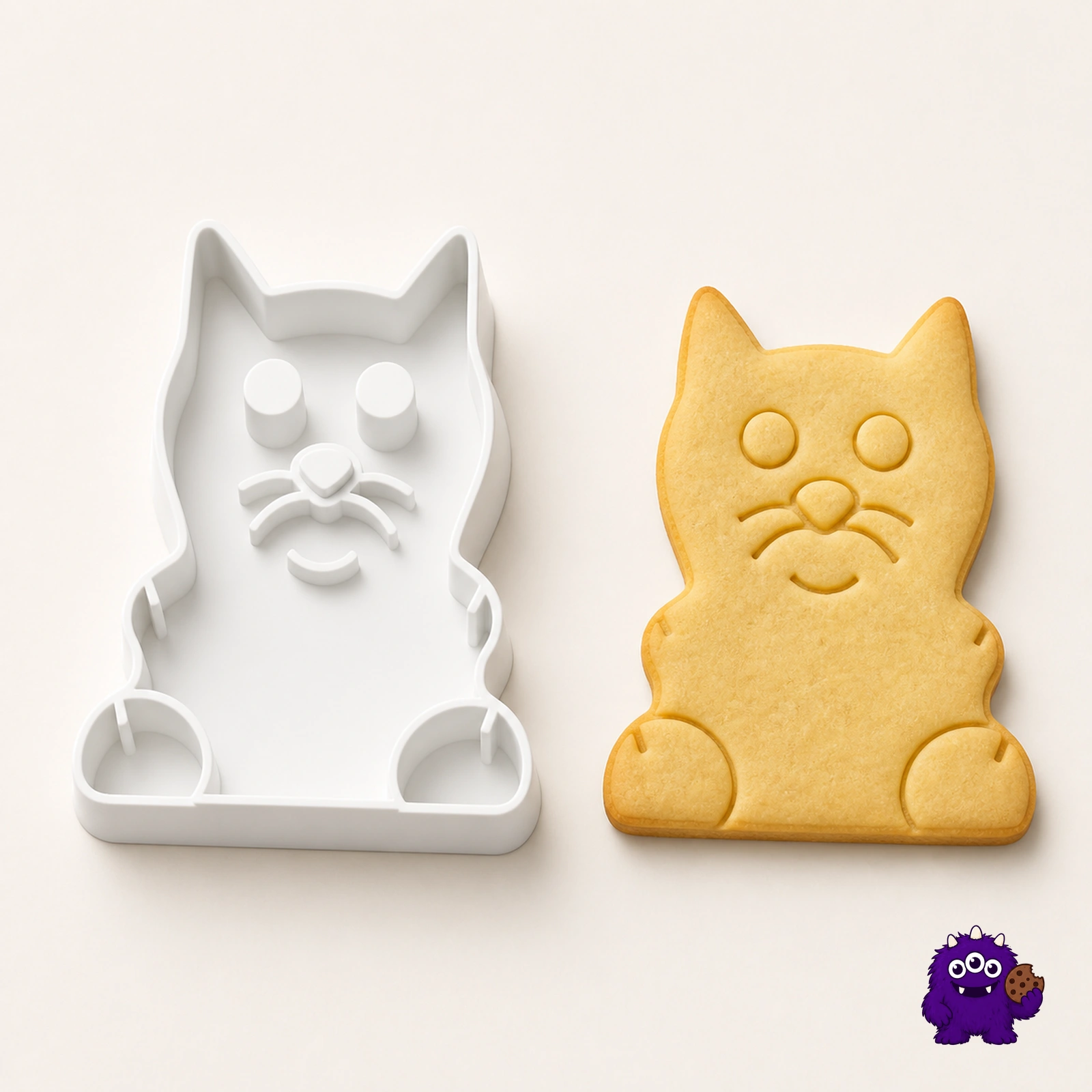 Detailed cat cookie cutter with a matching biscuit