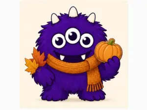 Autumn Cookie Project mascot holding a pumpkin biscuit