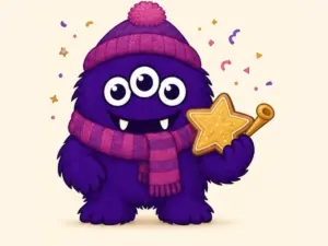 Christmas and New Year Cookie Project mascot holding a star biscuit and party horn