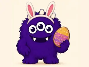 Easter Cookie Project mascot holding an egg biscuit