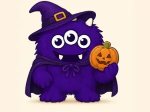 Halloween Cookie Project mascot holding a pumpkin biscuit