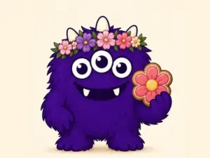 Mother's Day Cookie Project mascot holding a flower biscuit