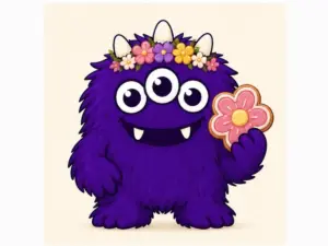 Spring Cookie Project mascot holding a flower biscuit