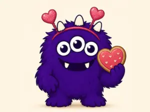Valentine's Day Cookie Project mascot holding a heart biscuit