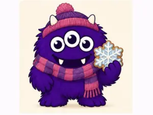 Winter Cookie Project mascot holding a snowflake biscuit