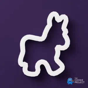 Nativity Donkey Cookie Cutter - white cutter viewed directly from above on dark purple