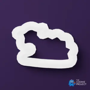 Nativity Sheep Cookie Cutter - white cutter viewed directly from above on dark purple