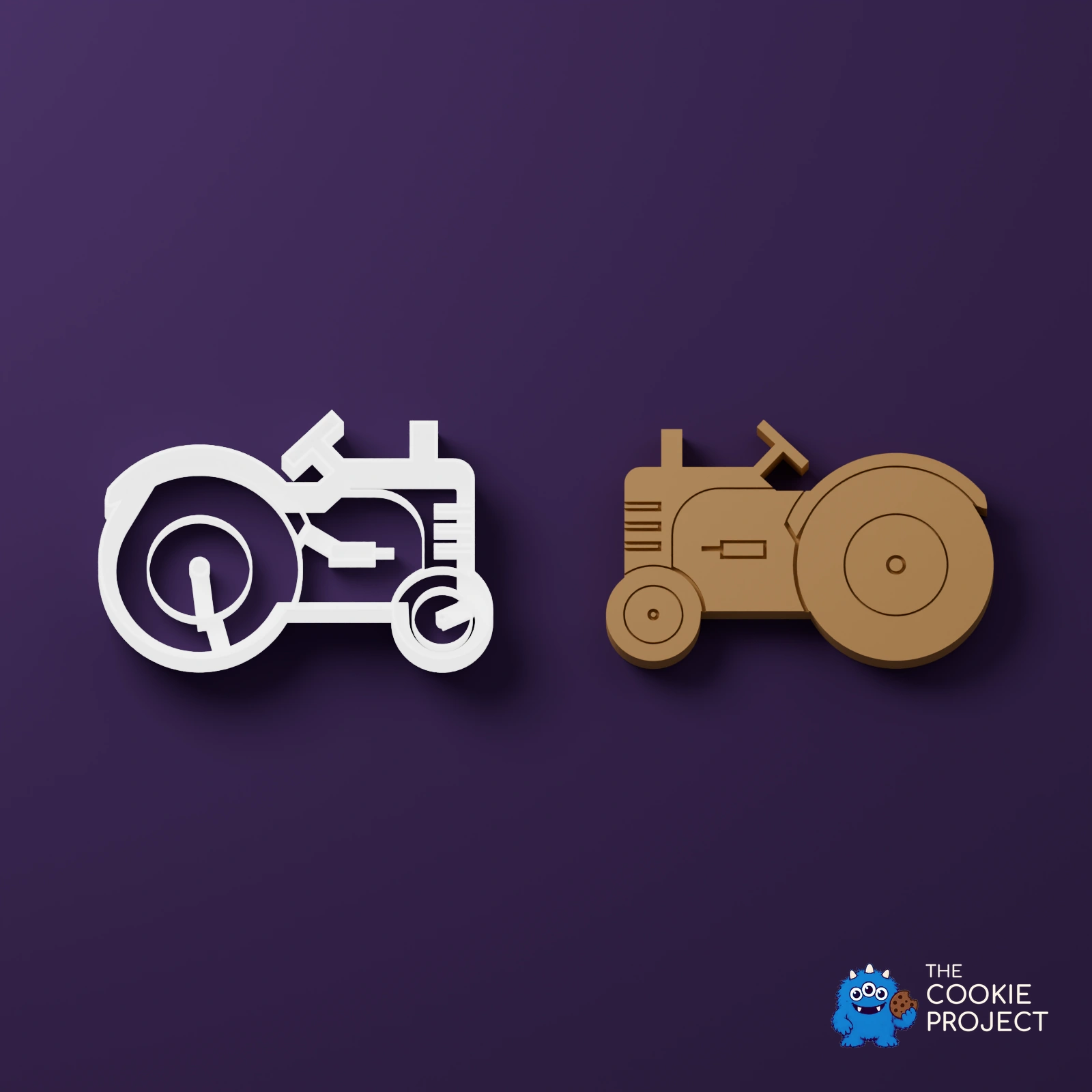 Tractor Outline Cookie Cutter - white cutters beside matching geometry-derived simulated dough results on dark purple