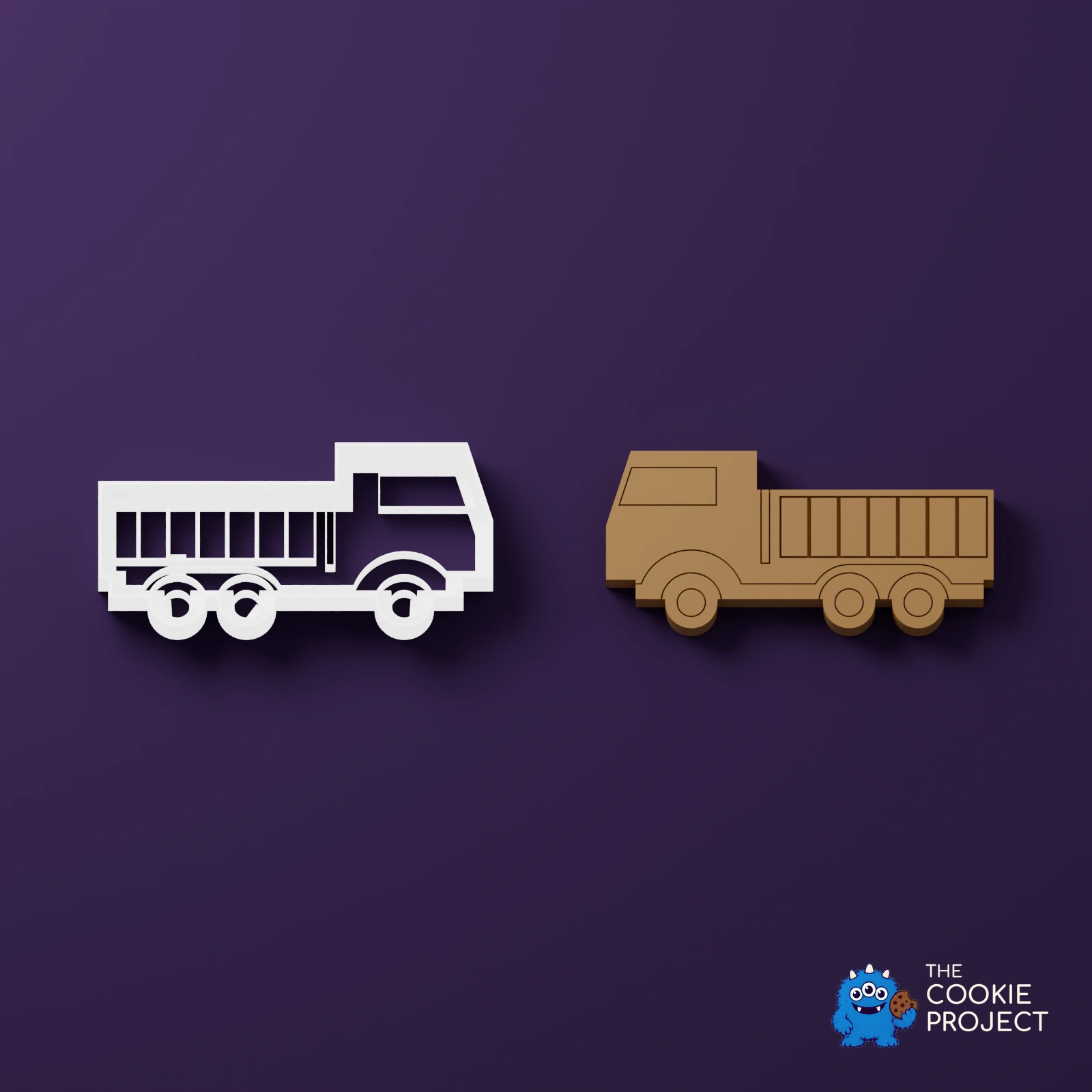 Truck Outline Cookie Cutter - white cutters beside matching geometry-derived simulated dough results on dark purple