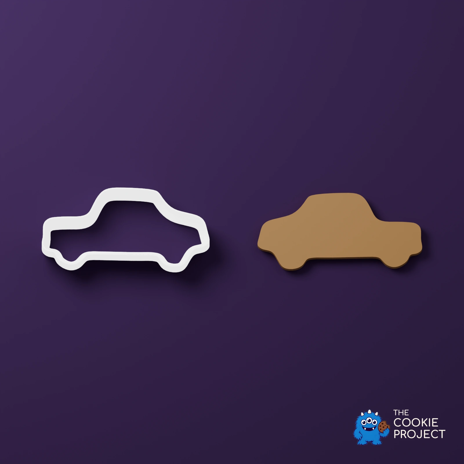 Car Outline Cookie Cutter - white cutters beside matching geometry-derived simulated dough results on dark purple