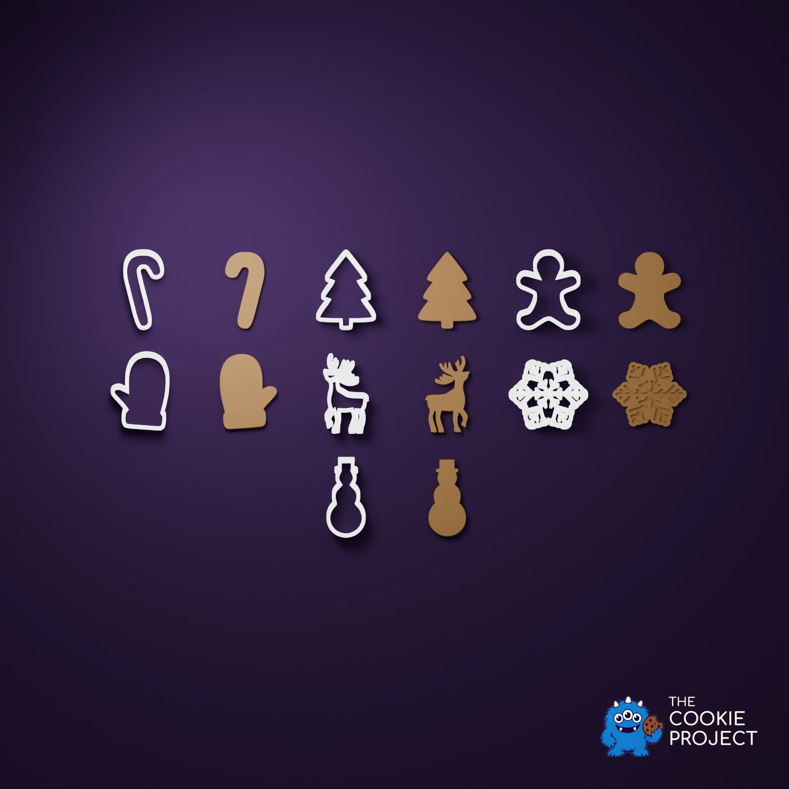 Christmas Cookie Cutter Set of 7 - white cutters beside matching geometry-derived simulated dough results on dark purple