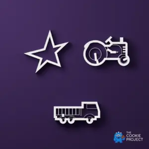 Star, Tractor and Truck Cookie Cutter Set of 3 - white complete set viewed directly from above on dark purple