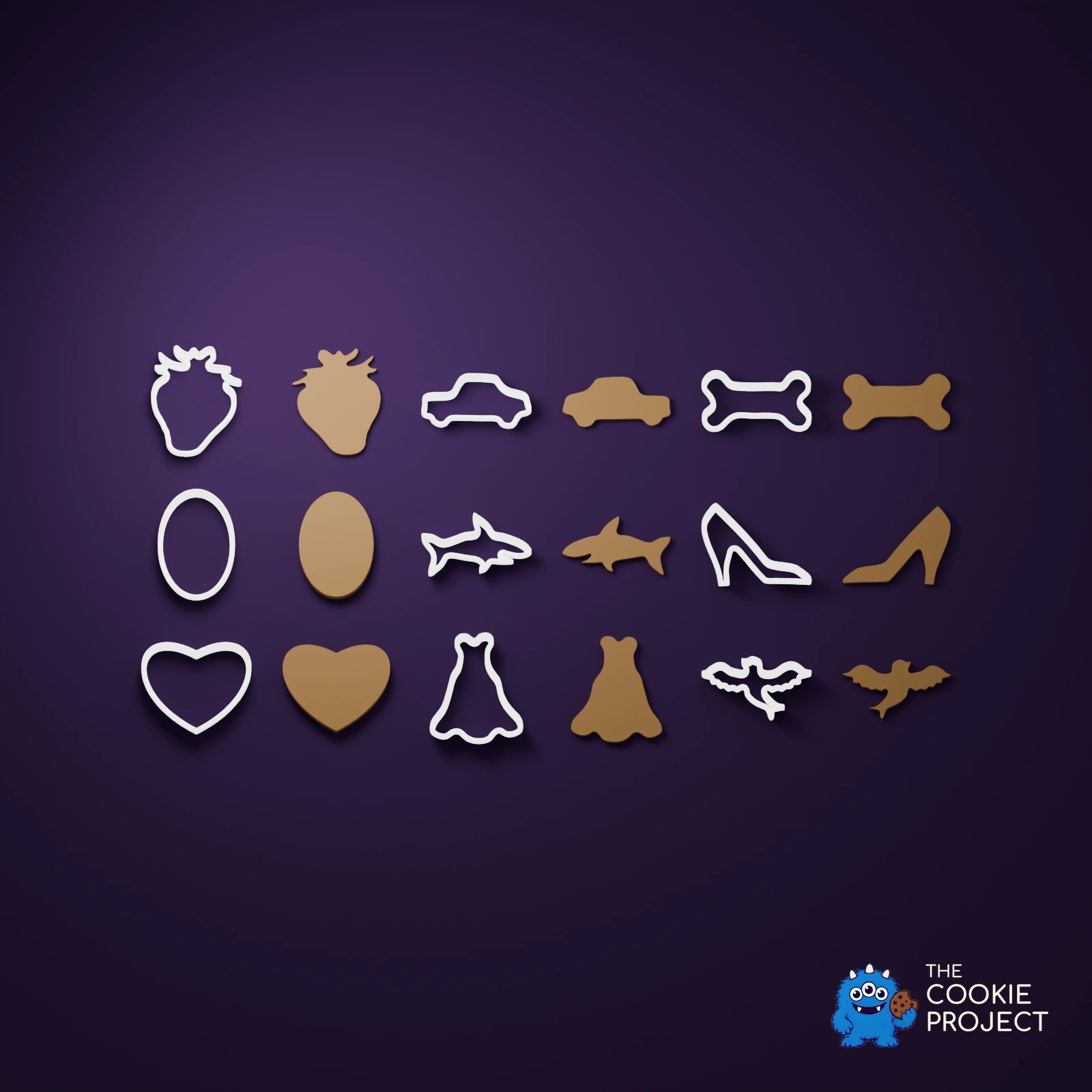 Mixed Cookie Cutter Collection of 9 - white cutters beside matching geometry-derived simulated dough results on dark purple