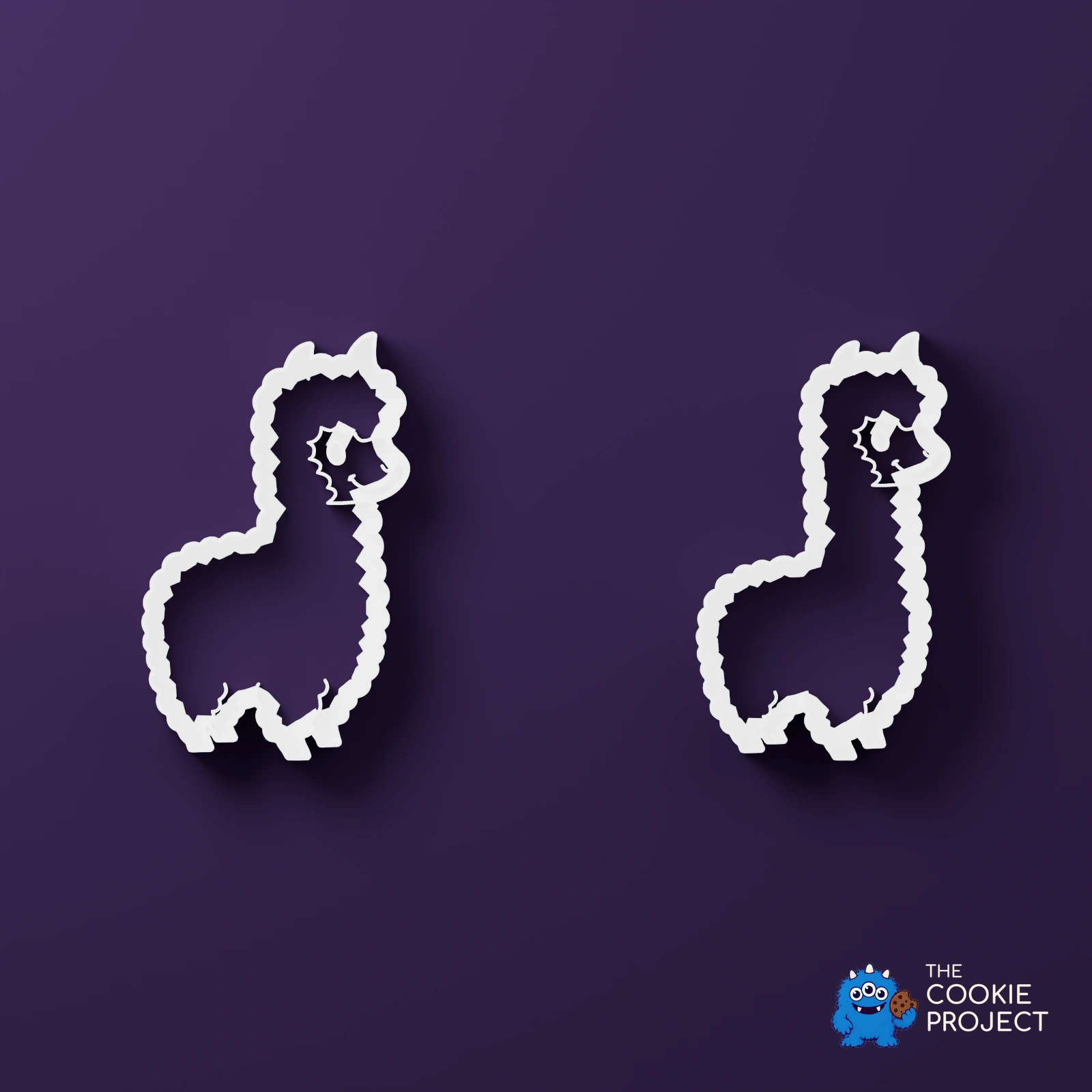 Alpaca and Llama Cookie Cutter Set of 2 - white complete set viewed directly from above on dark purple