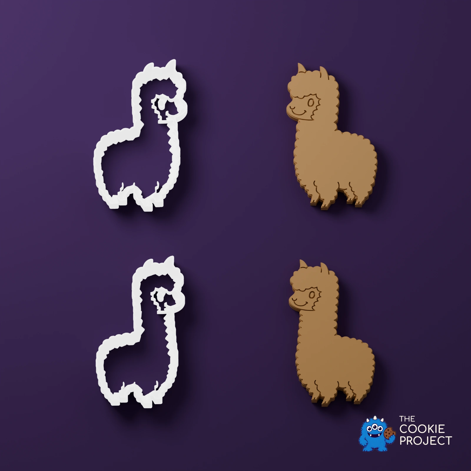 Alpaca and Llama Cookie Cutter Set of 2 - white cutters beside matching geometry-derived simulated dough results on dark purple