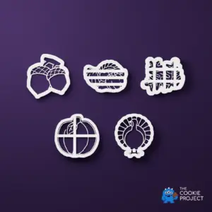 Thanksgiving Cookie Cutter Set of 5 - bright white complete tools viewed directly from above on dark purple