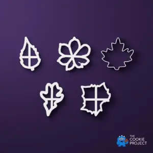 Leaf Cookie Cutter Set of 5 - bright white complete tools viewed directly from above on dark purple