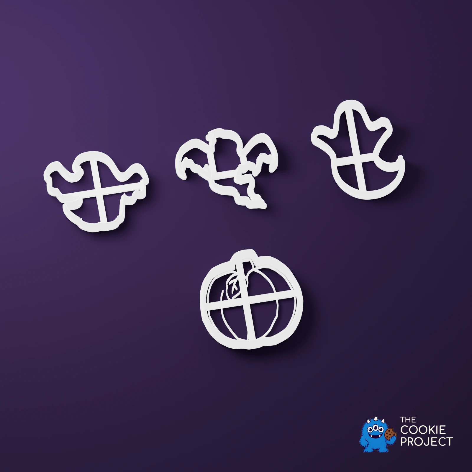 Ghost and Pumpkin Cookie Cutter Set of 4 - bright white complete tools showing their actual working-face geometry from the opposite side on dark purple